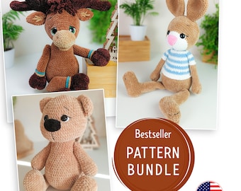 Crochet Pattern Bundle | Pajamas Bag Pattern | Teddy Crochet Pattern | Bunny Crochet Pattern | Beginner pattern | Crochet Pattern Reindeer