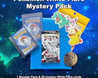 Pokemon TCG White Flare Mystery Bundle, Pokemon Gift Bag from White Flare Card Set, Booster Pack with Mystery Cards, Stickers, and Coin