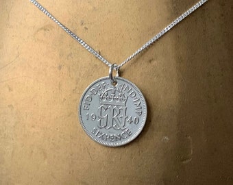 1940 lucky sixpence pendant necklace, on a fine sterling silver curb chain