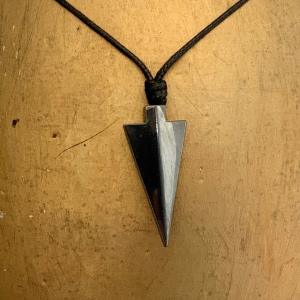 Hematite Arrowhead Necklace: Adjustable Black Cord Boho Pendant