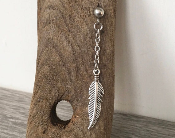 Long feather earring, available as  a single feather earring or a pair of feather earrings