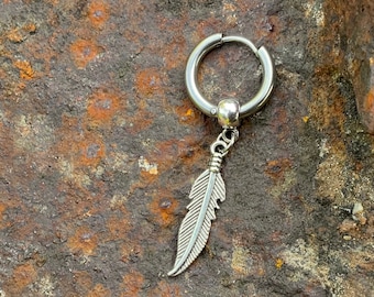 Feather thick hoop earring, available as single earring or pair of earrings, stainless steel hoop, boyfriend gift, girlfriend gift