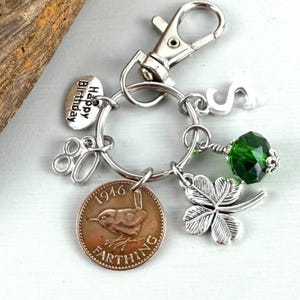 80th Birthday Gift: 1946 Farthing Initial & birthstone Bag Clip
