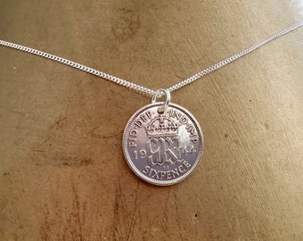 80th birthday gift, 1944 lucky sixpence pendant necklace, on a fine sterling silver curb chain