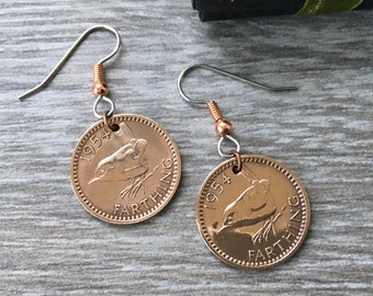 1954 wren Farthing earrings, handmade using genuine British farthing coins with stainless steel ear wires pretty bird coin jewellery,