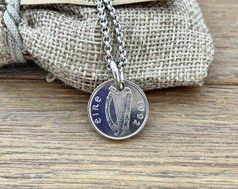 1992 Irish coin necklace, masculine pendant, Taurus bull, a perfect Ireland 32nd Anniversary present or 32nd birthday gift