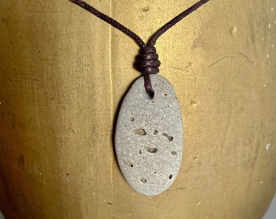 Beach pebble necklace, surfer pendant, raw stone, waxed cotton cord, found natural rock, cool jewelry for man or woman, adjustable length