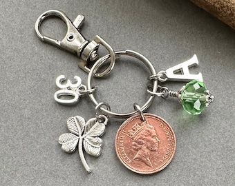 30th birthday gift, Birthstone and lucky penny charm, 1994 British coin keyring or bag clip, choice of initial and colour,