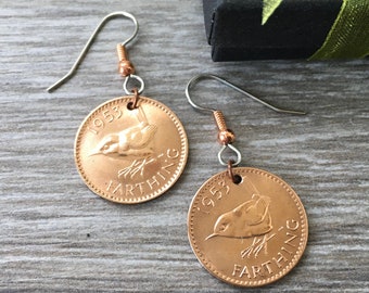 1953 wren Farthing earrings, handmade with genuine British farthing coins and stainless steel ear wires, 71st birthday gift
