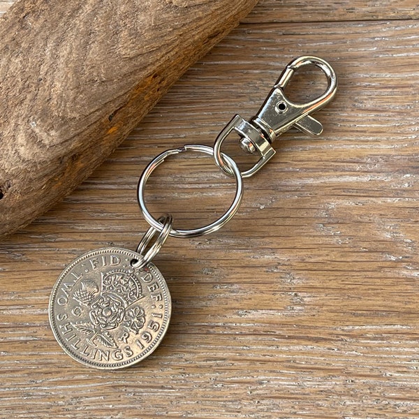 British Two shilling Coin keyring, UK florin clip, available in years 1947, 1948, 1949, 1950 or 1951