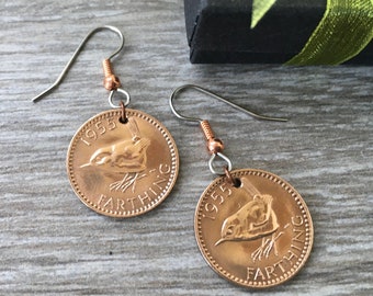 1955 wren Farthing earrings, handmade with genuine British farthing coins and stainless steel ear wires, 69th birthday gift