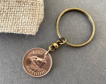 1945 wren Farthing keyring, British bird coin, 79th birthday gift for a man or woman,