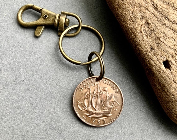 1953 UK halfpenny keychain or clip or keyring, The Golden Hind, 69th birthday gift, English ship coin