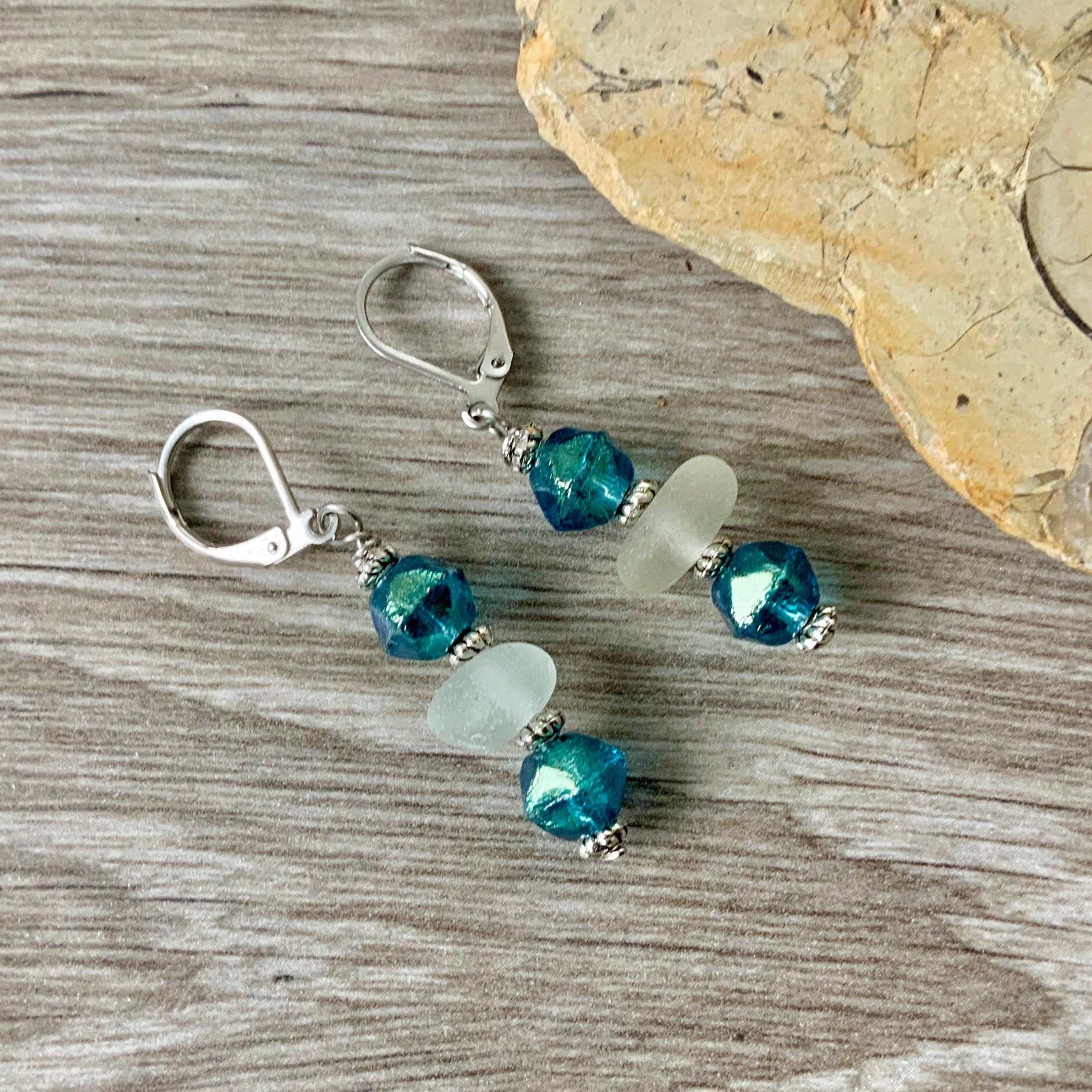Mermaid earrings, Cornish sea glass, beach glass jewellery, teal glass