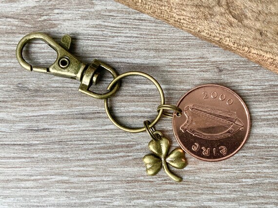 2000 Irish coin and shamrock keyring, keychain or clip, 24th birthday or anniversary gift, Ireland good luck, lucky charm