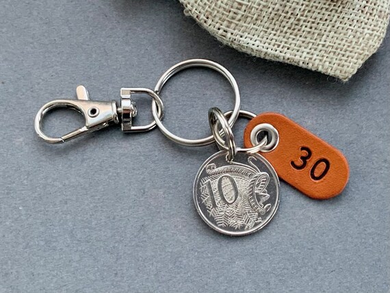 30th Australian birthday or anniversary  gift, 1994 10 cent coin from Australia Handmade into a keyring, keychain or clip