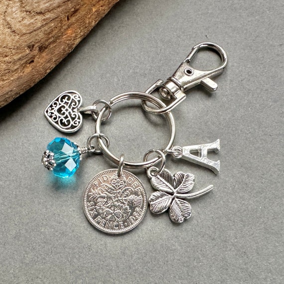 1965 sixpence birthstone charm, bag clip, choose initial and birthstone colour, personalised birthday gift