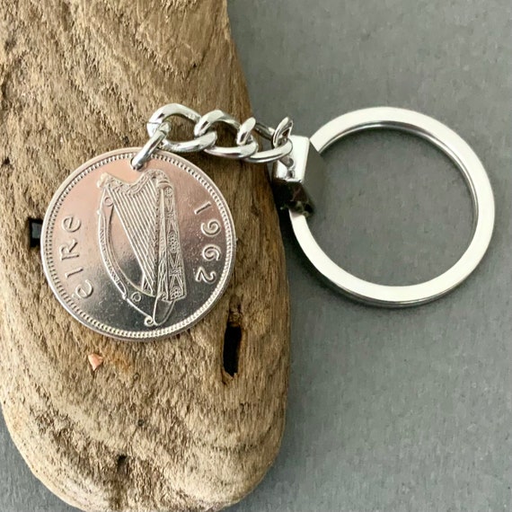 1962 Irish shilling key chain, keyring or clip, a perfect 62nd birthday or anniversary gift, for some who’s heart is in Ireland