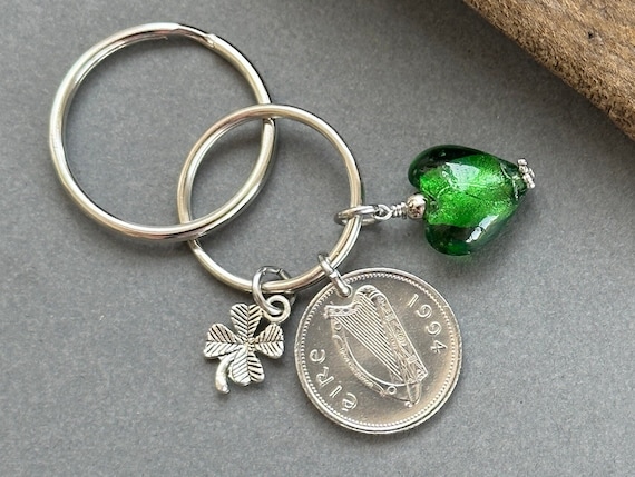 Irish coin keyring, Keychain bag clip or purse clip, 1993, 1994 or 1995 Choose coin year, for a perfect birthday or anniversary gift