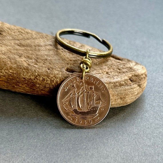 1940 British half penny keyring 1940 coin keychain, English sailing ship boat coin clip, 84th birthday gift for a man or woman, useful gift