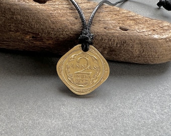 Indian coin necklace, Two Anna coin from India, adjustable pendant, waxed polyester cord, square coin necklace unusual gift for man or woman