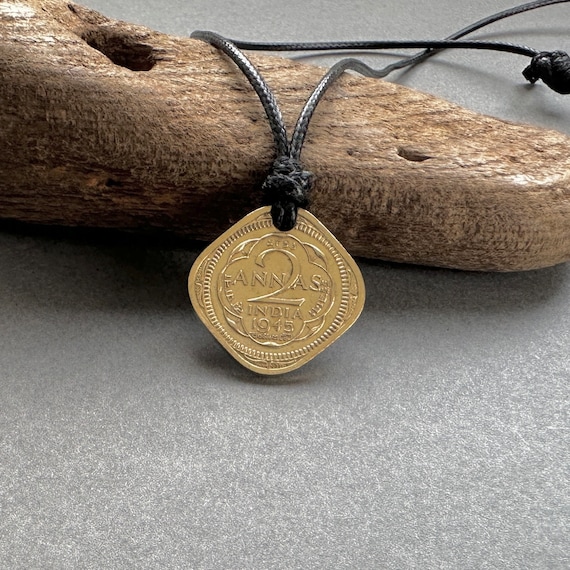 Indian coin necklace, Two Anna coin from India, adjustable pendant, waxed polyester cord, square coin necklace unusual gift for man or woman