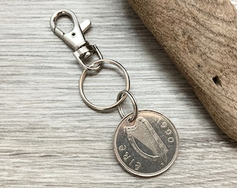 1990 Irish punt keychain, Key ring or clip, Unusual Eire Coin gift, perfect present from Ireland especially for 34th birthday or anniversary