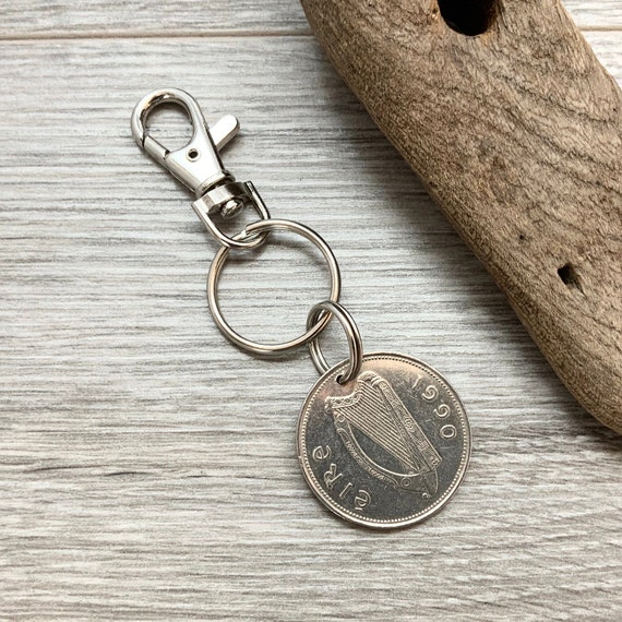 1990 Irish punt keychain, Key ring or clip, Unusual Eire Coin gift, perfect present from Ireland especially for 34th birthday or anniversary