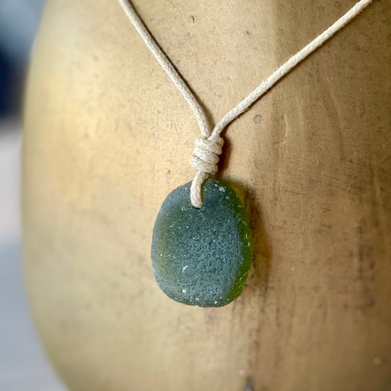 Green sea glass pendant necklace, adjustable waxed cotton cord, simple genuine beach glass boho no metal jewellery for men or women