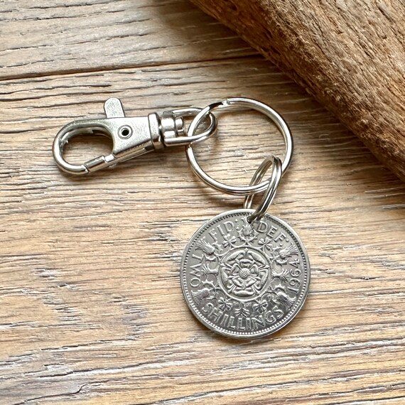 60th birthday or anniversary gift, a 1964 British Florin handmade into a clip style key ring, English Two shilling coin