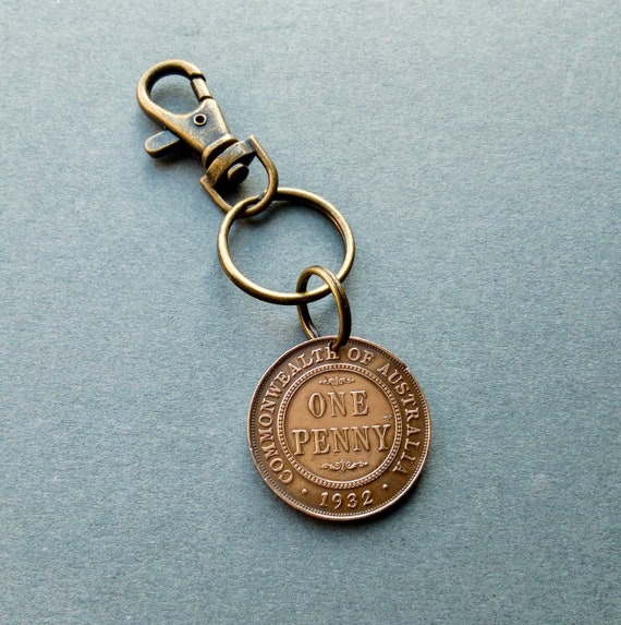 1932 Australian penny keychain, Key ring or clip, a perfect 92nd birthday gift from Australia, Aussie present