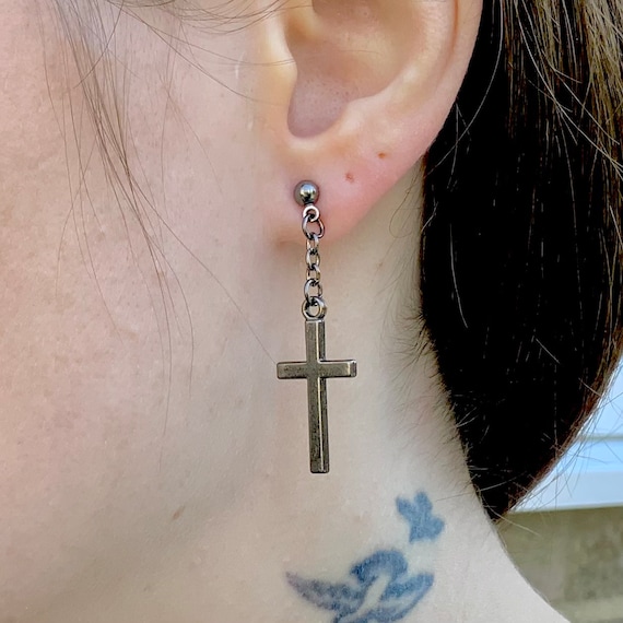 Gunmetal grey cross earring, available as a single earring or a pair of earrings