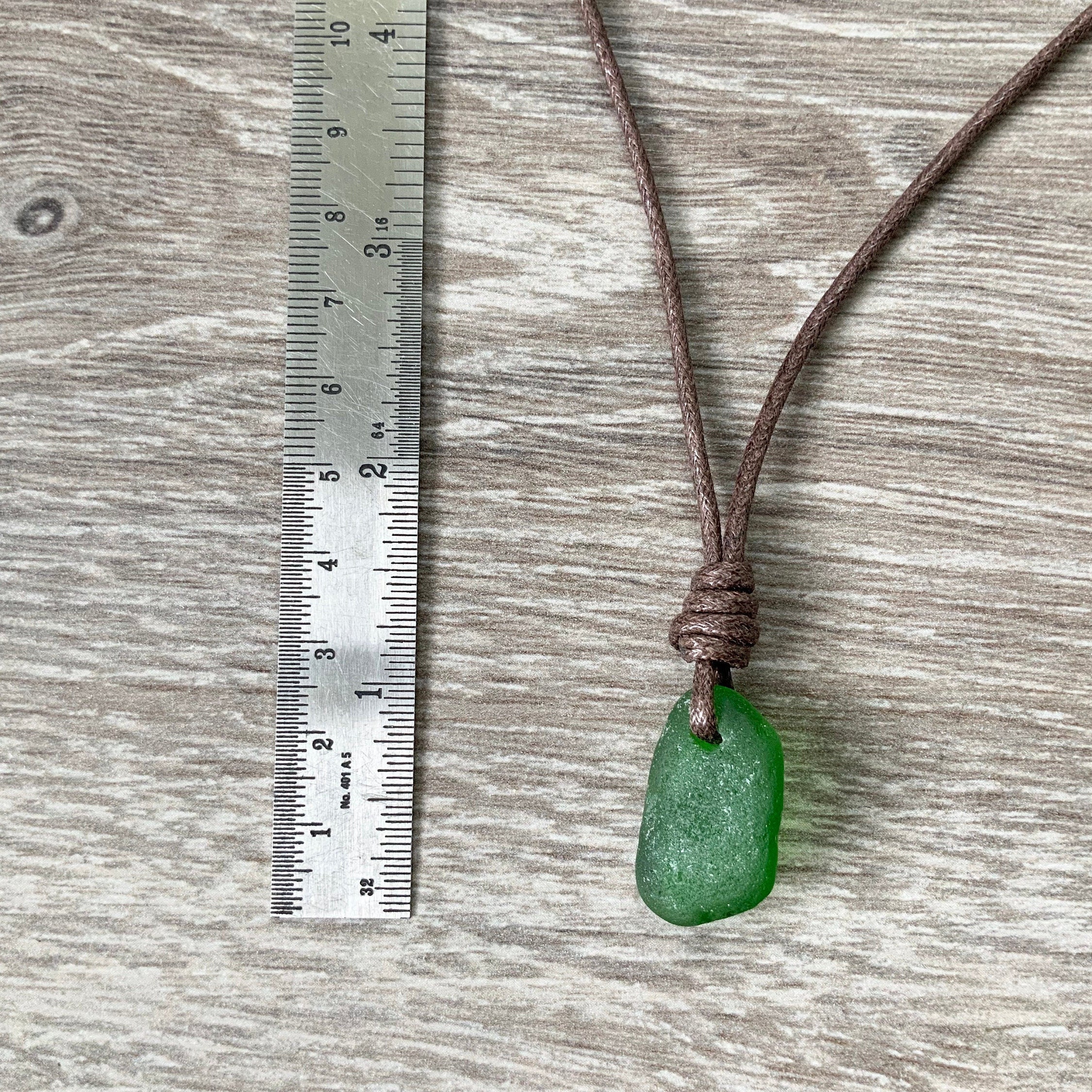 Green sea glass pendant necklace, adjustable waxed cotton cord, simple genuine beach glass boho