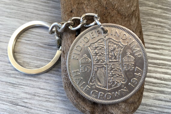 1947 or 1948 Half crown keyring, British coin keychain, English 76th or 77th birthday gift