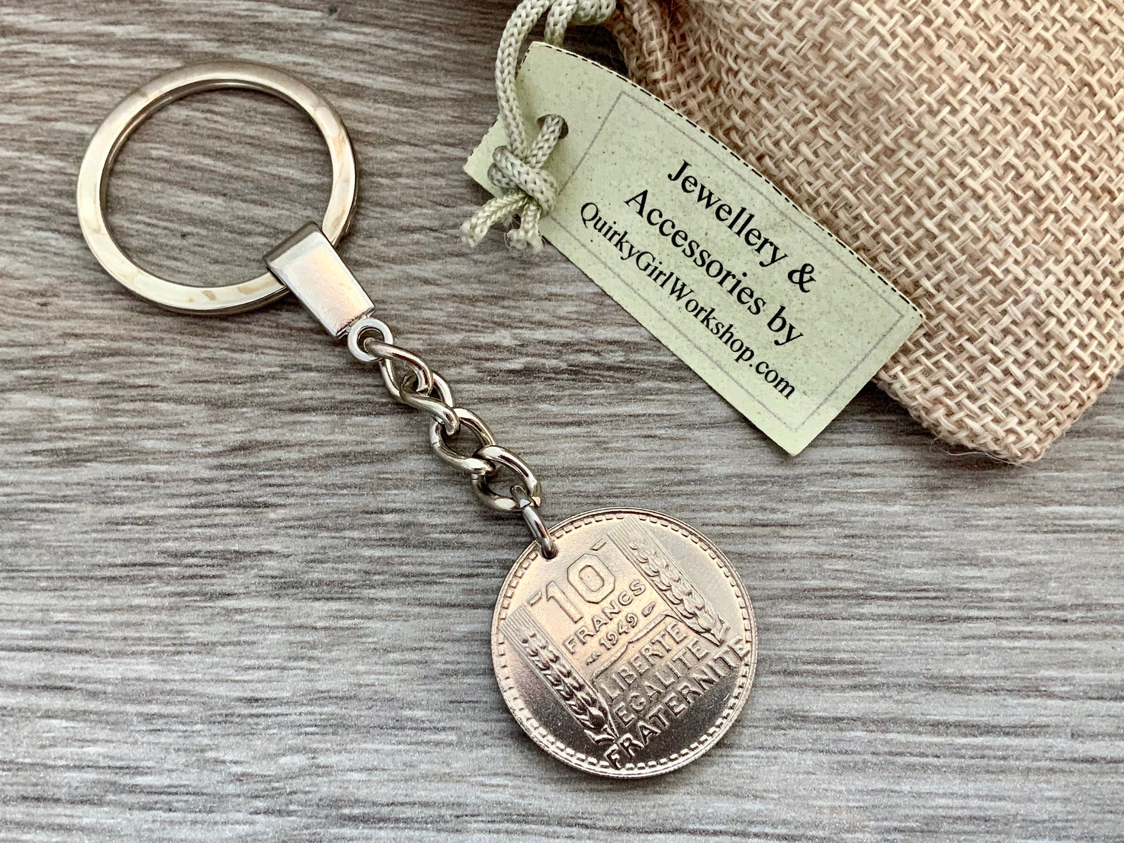 French coin key ring, key chain or clip, 1948 or 1949 10 franc from