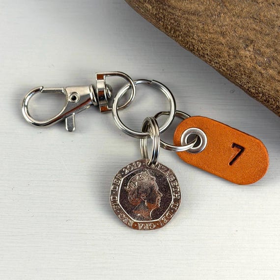 7th anniversary gift 2019 twenty pence coin keyring or clip with a leather number 7th anniversary in 2026