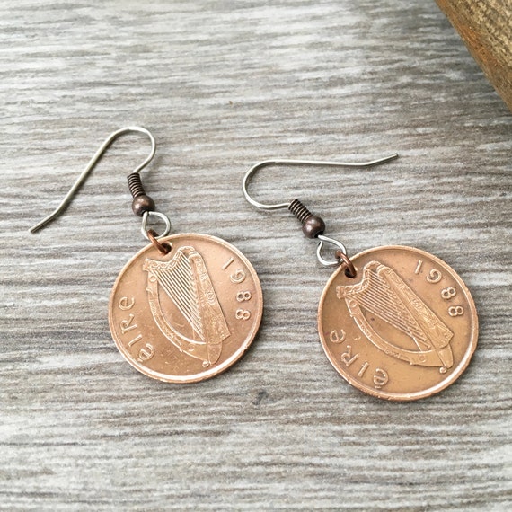 A pair Irish penny earrings, choose coin year,  Ireland harp coin jewellery, birthday gift or anniversary present for a woman