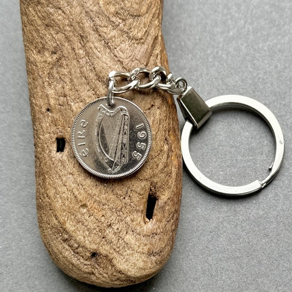 1955 Irish sixpence keychain, keyring or clip, Irish wolfhound coin choose coin year for a perfect 69th birthday gift