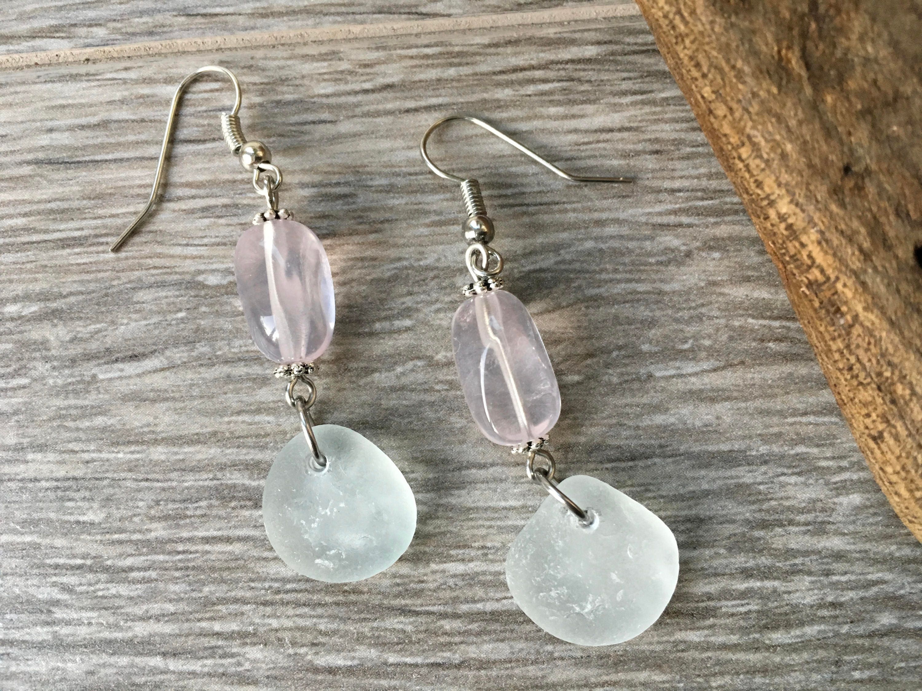 Sea glass earrings, rose quartz, beach glass jewelry, boho, one of a