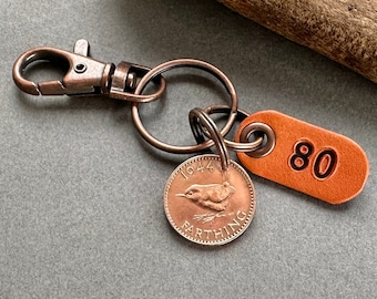 80th birthday gift, 1944 British farthing coin Key ring clip, keepsake coin from the UK