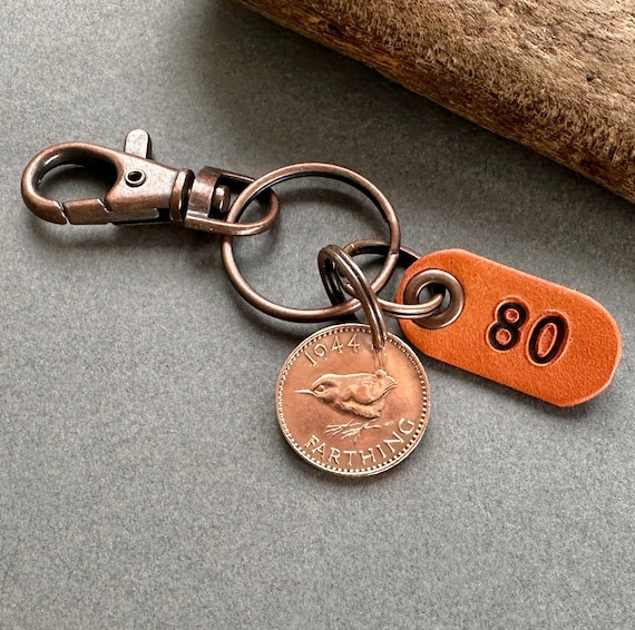 1944 British farthing coin Key ring clip, 80th birthday gift a keepsake gift from the UK