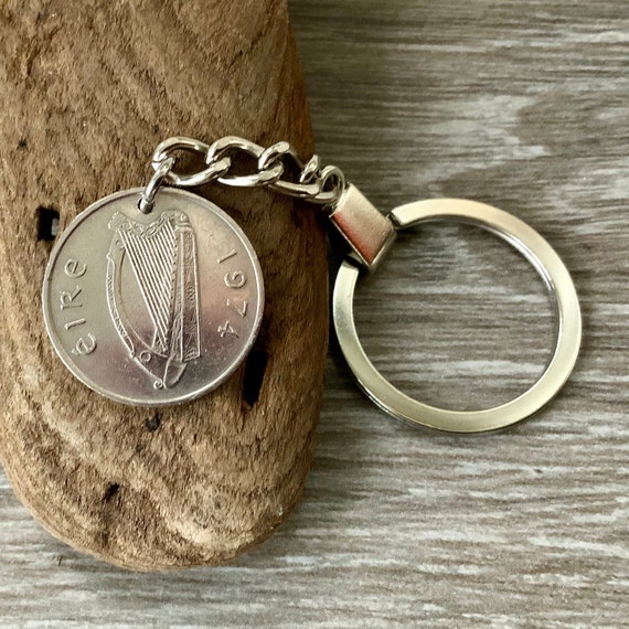 50th birthday gift, 1974 Irish five pence coin keychain, key ring or clip, St. Patrick's day gift, a perfect 50th anniversary gift