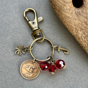 Farthing and ruby red charm bag clip, choose initial and coin year 1937 - 1951 birthday or anniversary gift, bird coin key ring