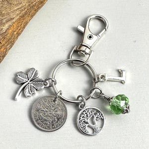 Personalized 1960 Sixpence Bag Clip: Tree of Life Charm, Initial & Birthstone