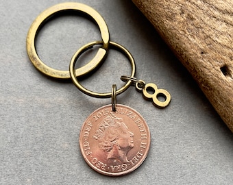 8th anniversary gift, 2015 U.K. two pence coin keyring, keychain or clip, bronze eighth anniversary present