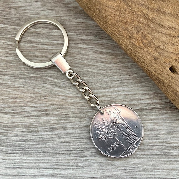 Italian coin keyring, 1971 - 1982 choose coin year,  Italy keychain, 100 Lire key fob, anniversary  present