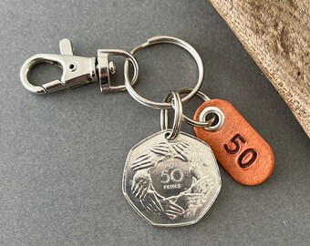 50th birthday Gift, 1973 ring of hands UK 50p coin keyring or swivel clasp, British fifty pence coin with a number 50 leather tag