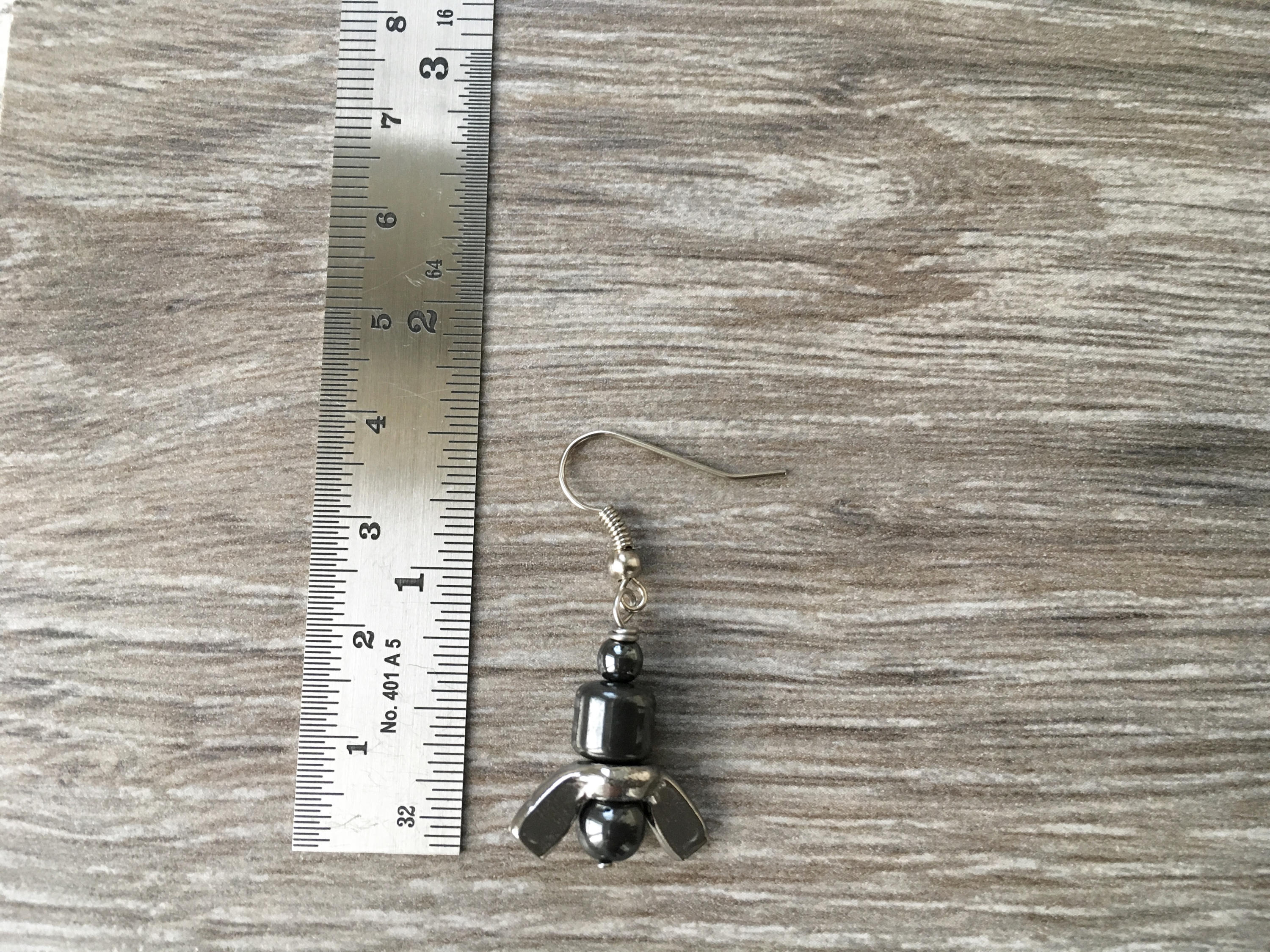 Single wing nut earring, Mens hematite bead jewellery, guys grey urban