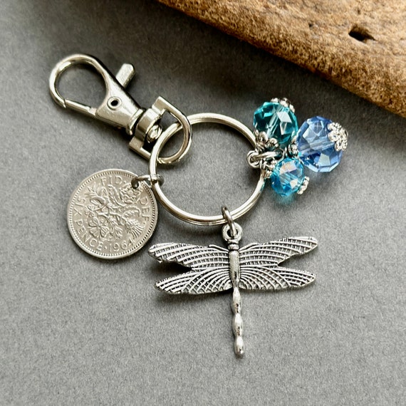 60th birthday gift, 1964 Lucky sixpence and dragonfly charm, Key ring a perfect birthday, anniversary gift for a woman or Mother’s Day gift