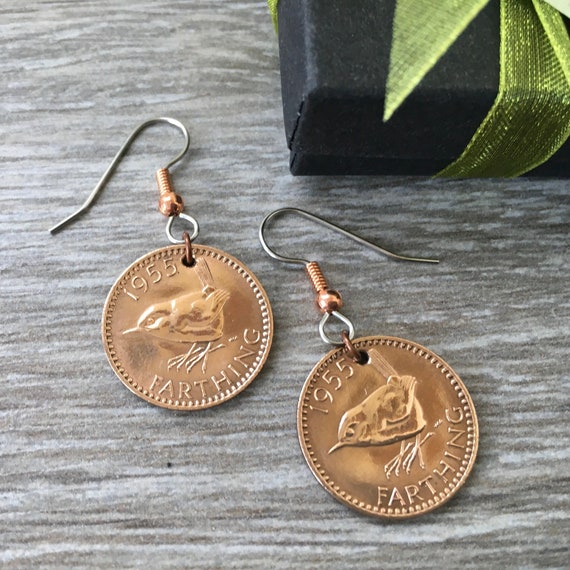 1955 wren Farthing earrings, handmade with genuine British farthing coins and stainless steel ear wires, 69th birthday gift